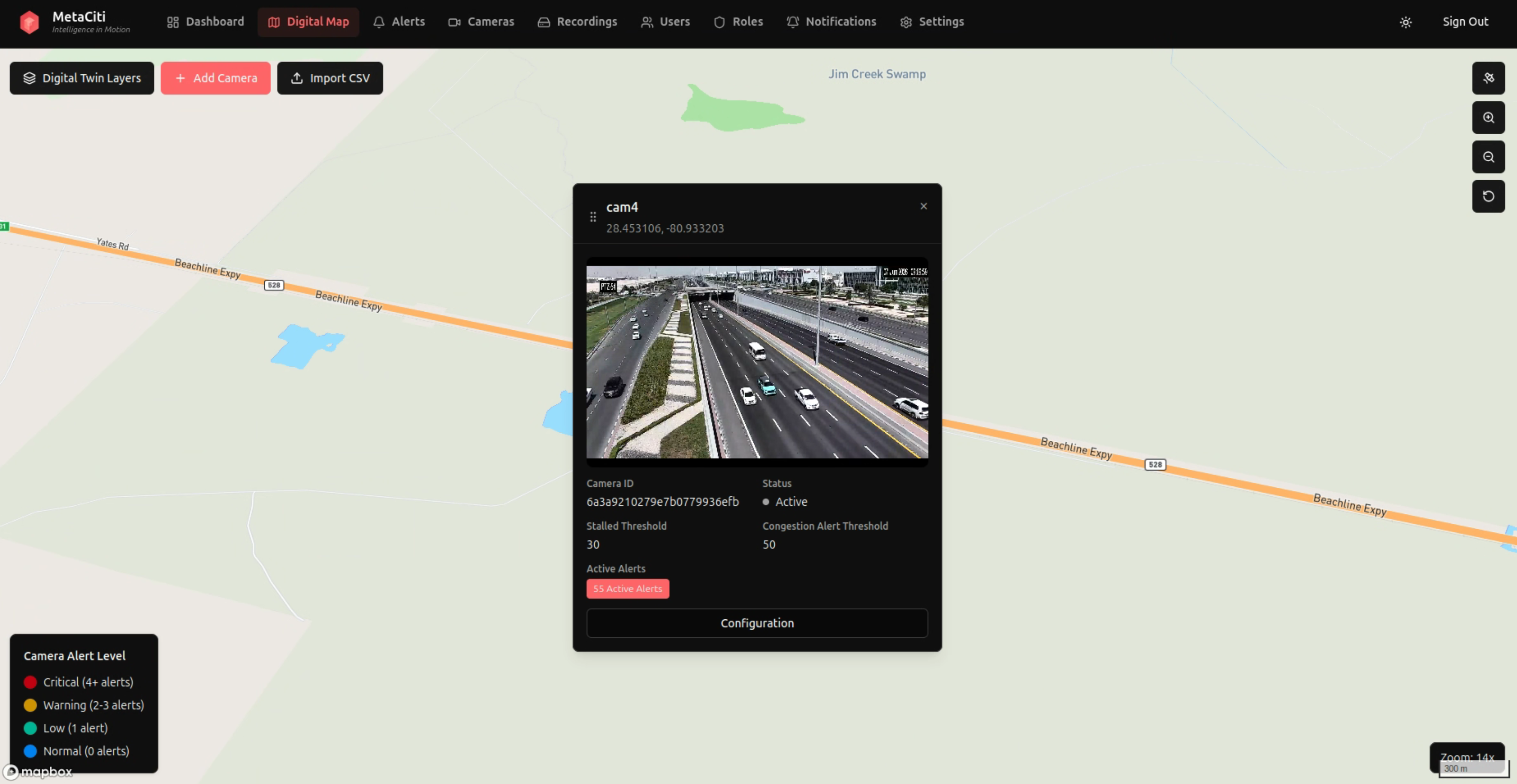 MetaCiti live map — camera popup with live highway feed, alert count and corridor overlay